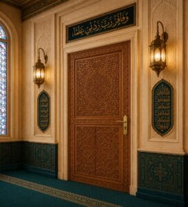 Walnut Single-Leaf Wooden Mosque Door – Model WDR-0072 – handcrafted kundekari mosque door detail view 1