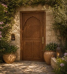 Walnut Single-Leaf Wooden Mosque Door – Model WDR-0013 – handcrafted kundekari mosque door detail view 3