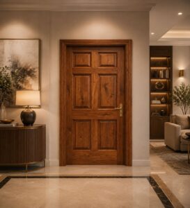 Classic Walnut Single-Leaf Wooden Mosque Door – handcrafted kundekari mosque door detail view 1