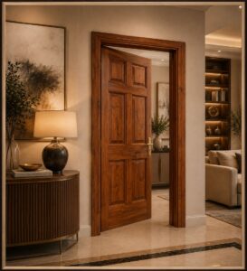 Classic Walnut Single-Leaf Wooden Mosque Door – handcrafted kundekari mosque door detail view 2