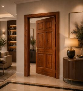 Classic Walnut Single-Leaf Wooden Mosque Door – handcrafted kundekari mosque door detail view 3