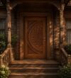 Walnut Single-Leaf Mandala-Motif Wooden Mosque Door – Model WDR-0037 – handcrafted kundekari mosque door detail view 1