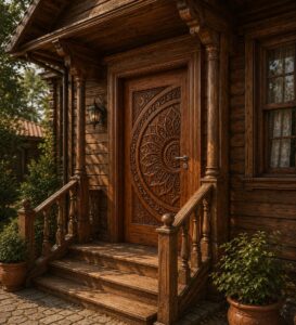Walnut Single-Leaf Mandala-Motif Wooden Mosque Door – Model WDR-0037 – handcrafted kundekari mosque door detail view 2