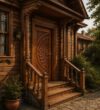 Walnut Single-Leaf Mandala-Motif Wooden Mosque Door – Model WDR-0037 – handcrafted kundekari mosque door detail view 3