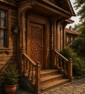 Walnut Single-Leaf Mandala-Motif Wooden Mosque Door – Model WDR-0037 – handcrafted kundekari mosque door detail view 3