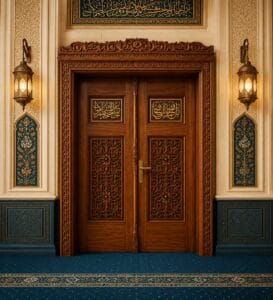 Walnut Double-Leaf Wooden Mosque Door – Model WDR-0076 – handcrafted kundekari mosque door detail view 1
