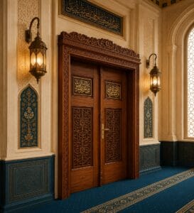 Walnut Double-Leaf Wooden Mosque Door – Model WDR-0076 – handcrafted kundekari mosque door detail view 2