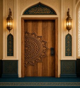 Modern Walnut Single-Leaf Wooden Mosque Door – handcrafted kundekari mosque door detail view 3