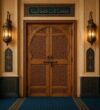 Walnut Double-Leaf Wooden Mosque Door – Model WDR-0077 – handcrafted kundekari mosque door detail view 1