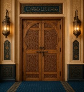 Walnut Double-Leaf Wooden Mosque Door – Model WDR-0077 – handcrafted kundekari mosque door detail view 1