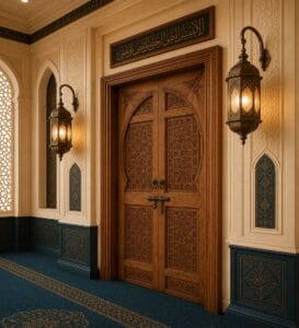 Walnut Double-Leaf Wooden Mosque Door – Model WDR-0077 – handcrafted kundekari mosque door detail view 2