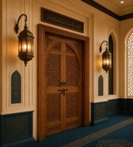 Walnut Double-Leaf Wooden Mosque Door – Model WDR-0077 – handcrafted kundekari mosque door detail view 3