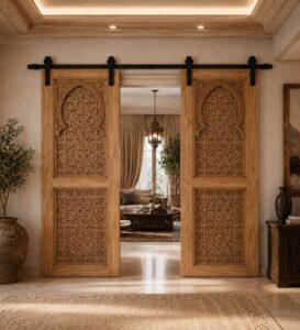 Walnut Double-Leaf Wooden Mosque Door – Model WDR-0064 – handcrafted kundekari mosque door detail view 4