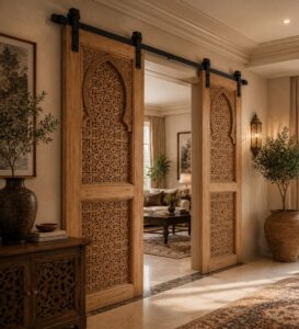 Walnut Double-Leaf Wooden Mosque Door – Model WDR-0064 – handcrafted kundekari mosque door detail view 1