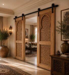 Walnut Double-Leaf Wooden Mosque Door – Model WDR-0064 – handcrafted kundekari mosque door detail view 2