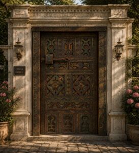 Walnut Single-Leaf Wooden Mosque Door – Model WDR-0057 – handcrafted kundekari mosque door detail view 4