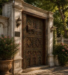 Walnut Single-Leaf Wooden Mosque Door – Model WDR-0057 – handcrafted kundekari mosque door detail view 1
