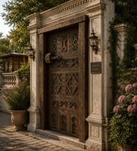Walnut Single-Leaf Wooden Mosque Door – Model WDR-0057 – handcrafted kundekari mosque door detail view 2