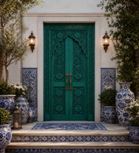 Carved Walnut Double-Leaf Wooden Mosque Door – Model WDR-0038 – handcrafted kundekari mosque door detail view 1