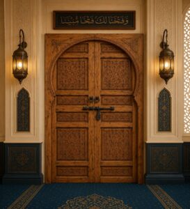 Walnut Double-Leaf Wooden Mosque Door – Model WDR-0066 – handcrafted kundekari mosque door detail view 1