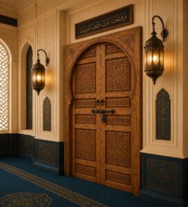 Walnut Double-Leaf Wooden Mosque Door – Model WDR-0066 – handcrafted kundekari mosque door detail view 2
