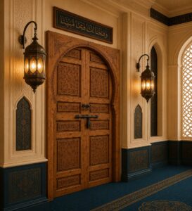Walnut Double-Leaf Wooden Mosque Door – Model WDR-0066 – handcrafted kundekari mosque door detail view 3