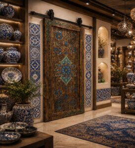 Walnut Wooden Mosque Door – Model WDR-0061 – handcrafted kundekari mosque door detail view 1
