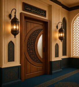 Walnut Single-Leaf Wooden Mosque Door – Model WDR-0063 – handcrafted kundekari mosque door detail view 2
