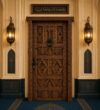 Carved Walnut Single-Leaf Wooden Mosque Door – handcrafted kundekari mosque door detail view 3