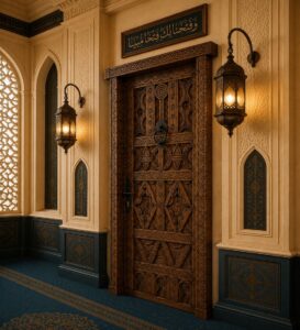 Carved Walnut Single-Leaf Wooden Mosque Door – handcrafted kundekari mosque door detail view 1
