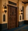 Carved Walnut Single-Leaf Wooden Mosque Door – handcrafted kundekari mosque door detail view 2