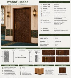 Walnut Single-Leaf Mandala-Motif Wooden Mosque Door – Model WDR-0065 – handcrafted kundekari mosque door detail view 1