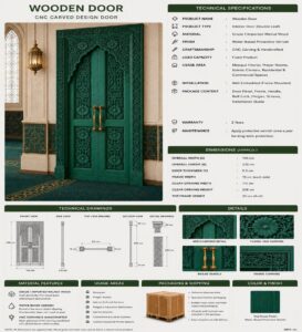 Carved Walnut Double-Leaf Wooden Mosque Door – Model WDR-0038 – handcrafted kundekari mosque door detail view 4