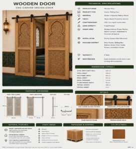 Walnut Double-Leaf Wooden Mosque Door – Model WDR-0064 – handcrafted kundekari mosque door detail view 3