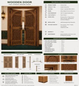 Walnut Double-Leaf Wooden Mosque Door – Model WDR-0077 – handcrafted kundekari mosque door detail view 4