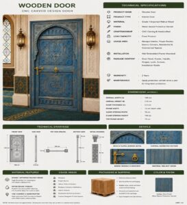 Walnut Single-Leaf Wooden Mosque Door – Model WDR-0058 – handcrafted kundekari mosque door detail view 4