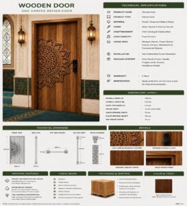 Modern Walnut Single-Leaf Wooden Mosque Door – handcrafted kundekari mosque door detail view 4