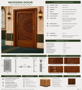 Walnut Single-Leaf Mandala-Motif Wooden Mosque Door – Model WDR-0037 – handcrafted kundekari mosque door detail view 4
