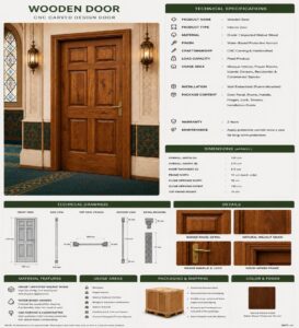 Classic Walnut Single-Leaf Wooden Mosque Door – handcrafted kundekari mosque door detail view 4