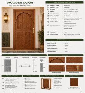 Walnut Single-Leaf Wooden Mosque Door – Model WDR-0013 – handcrafted kundekari mosque door detail view 4