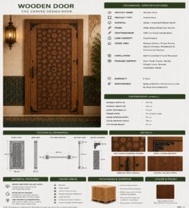 Walnut Single-Leaf Wooden Mosque Door – Model WDR-0075 – handcrafted kundekari mosque door detail view 4