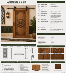 Walnut Wooden Mosque Door – Model WDR-0060 – handcrafted kundekari mosque door detail view 4