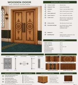 Carved CNC-Carved Walnut Wooden Mosque Door – Model WDR-0071 – handcrafted kundekari mosque door detail view 4
