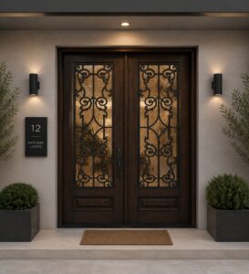 Double-Leaf Wooden Mosque Door – Model WDR-0020 – handcrafted kundekari mosque door detail view 1