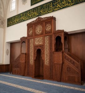 Wooden Mosque Mihrab and Minbar and Dais Set – WA-01 – wooden mosque mihrab detail view 1