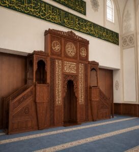 Wooden Mosque Mihrab and Minbar and Dais Set – WA-01 – wooden mosque mihrab detail view 3