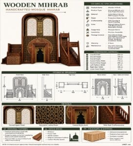 Wooden Mosque Mihrab and Minbar and Dais Set – WP-03 – wooden mosque mihrab detail view 6