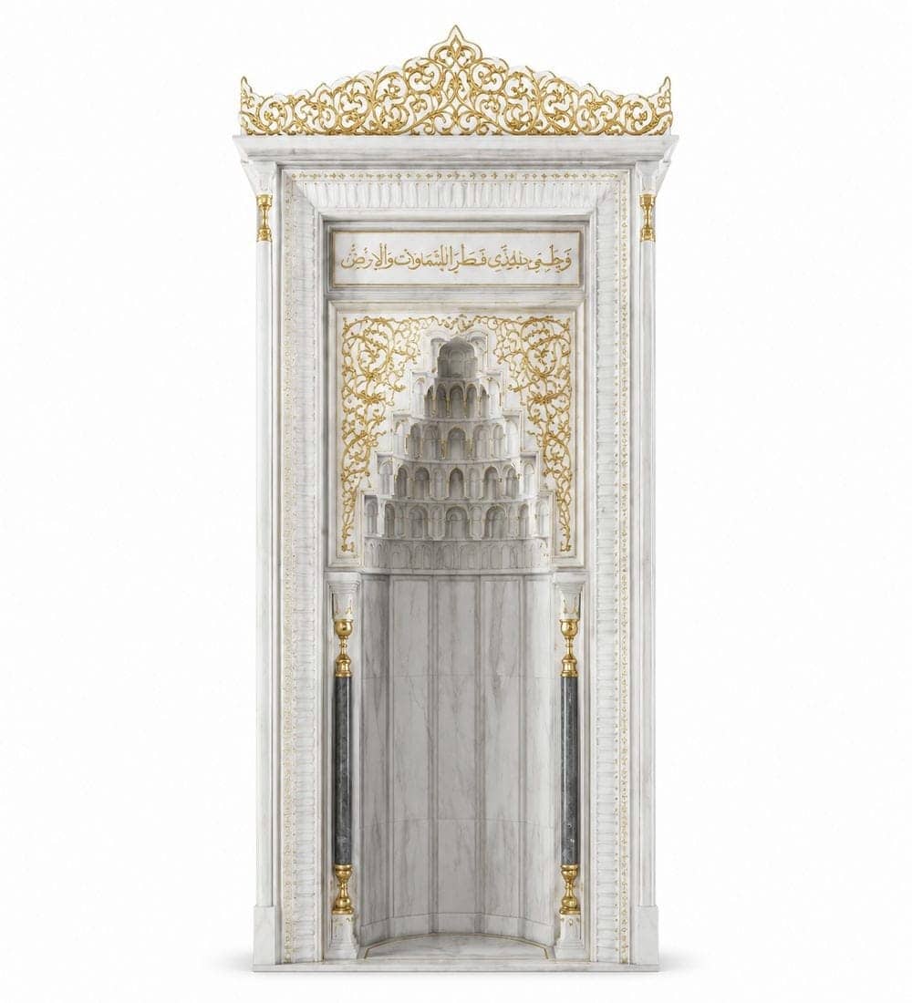 Marble Mosque Mihrab and Minbar and Dais Set – Model MST-0007 | MosqueBuild Marble Mosque Mihrab and Minbar and Dais Set – Model MST-0007 – custom wooden mosque mihrab