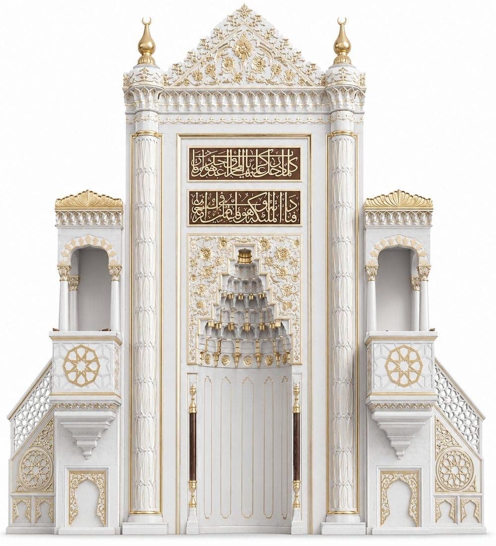 Marble Mosque Mihrab and Minbar and Dais Set – Model MST-0005 | MosqueBuild Marble Mosque Mihrab and Minbar and Dais Set – Model MST-0005 – custom wooden mosque mihrab