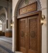 Modern Wooden Mosque Door – Model WDR-0006 – handcrafted kundekari mosque door detail view 1